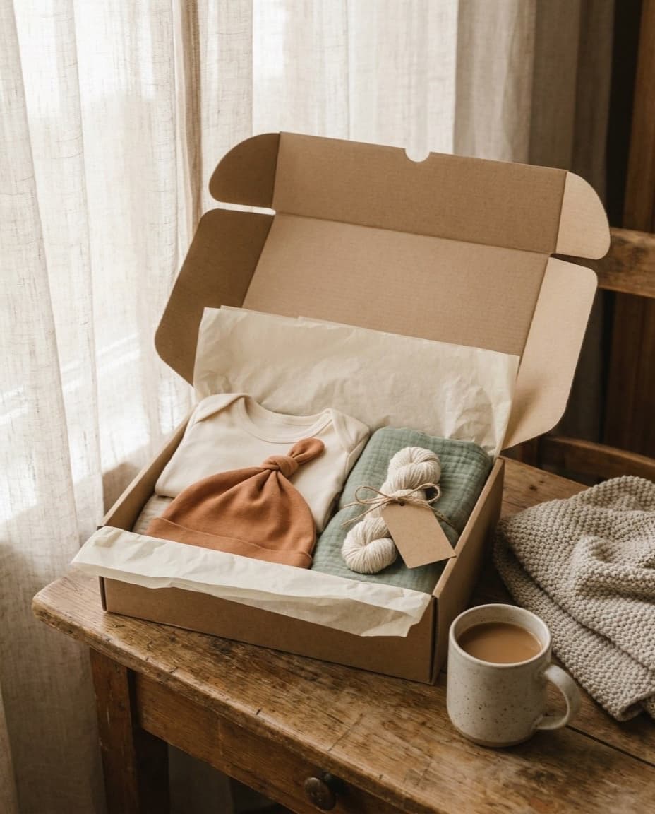 Caja de regalo de Hila junto a la ventana con el set de bienvenida: body en crudo, gorro anudado en tono arcilla, muselina en tono salvia y una madejita de hilo con su tarjeta.